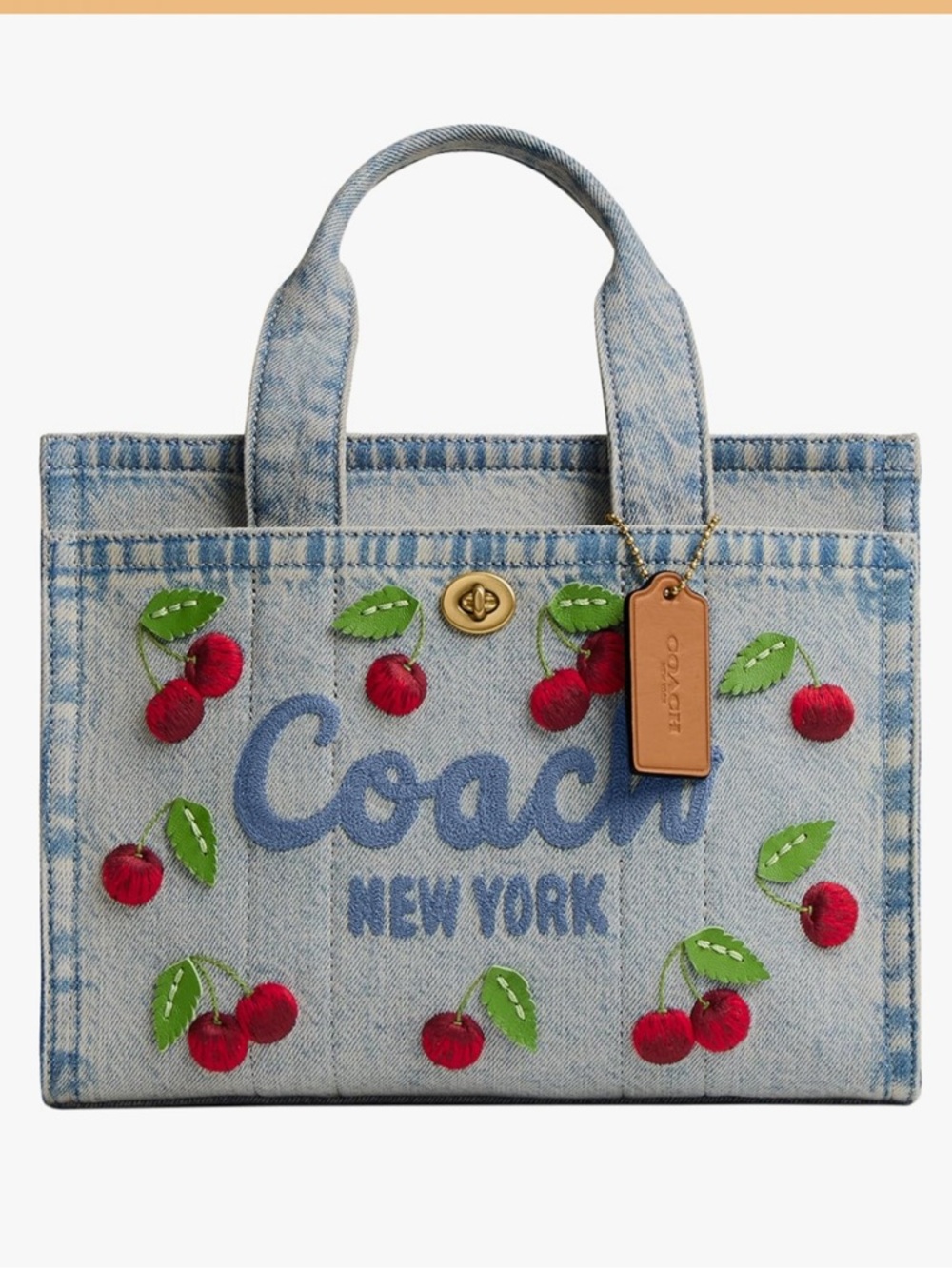 Coach Cargo Tote 26 Cherry Embroidered Denim Multi Canvas Crossbody Bag